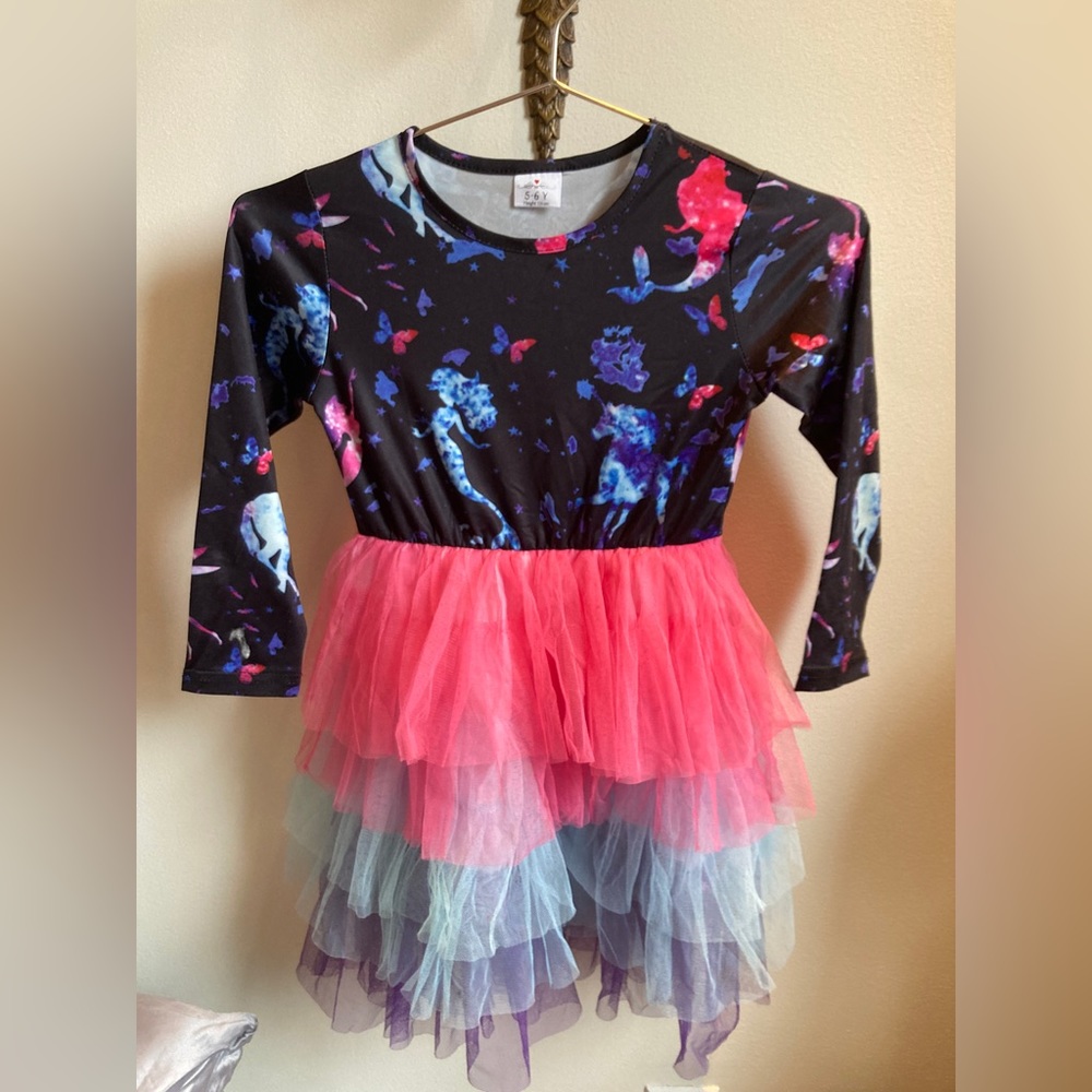 Vikita kids unicorn and mermaid long-sleeve dress, size 5-6.